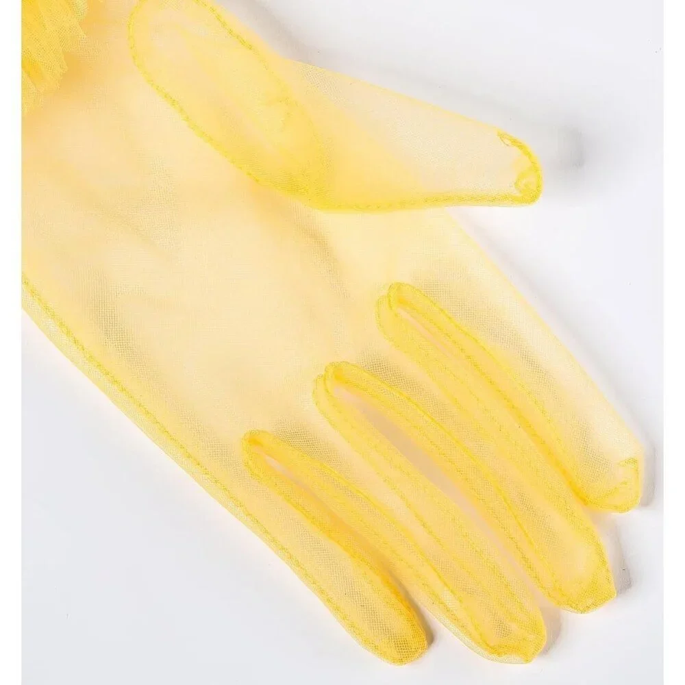 Women's Puffy Ruffle Yellow Tulle Sheer Mesh Party Prom One Size Short Gloves
